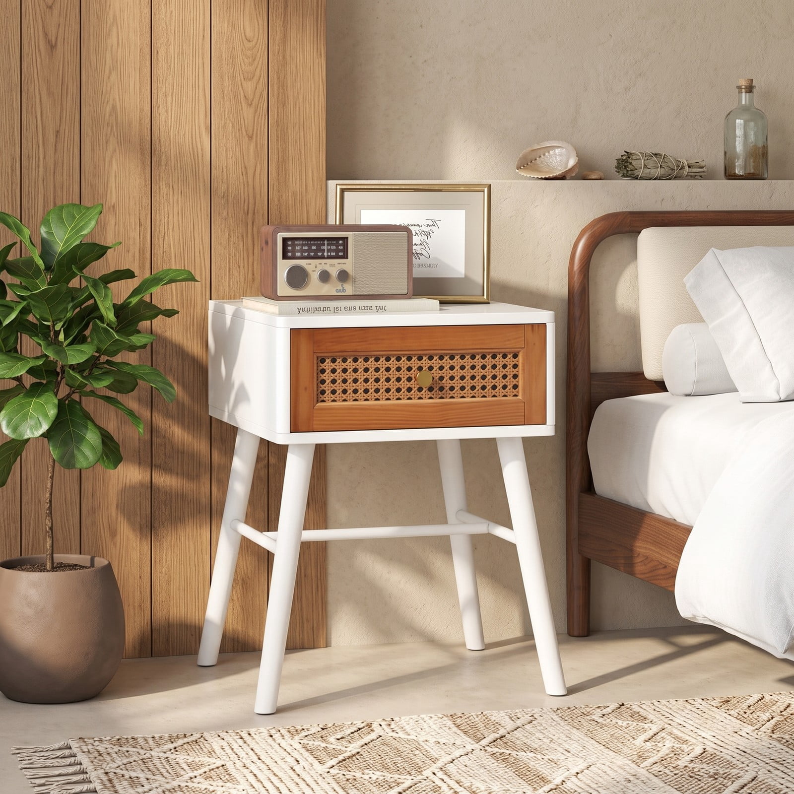 Furnibear Rattan Nightstand Mid Century Modern Accent Bedside Table with Drawer and Wood Legs for Bedroom and Living Room, White