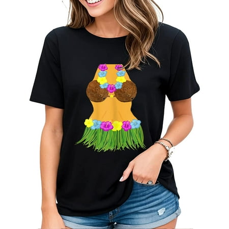 

T-shirt for Women Tiki Party Shirt Luau Coconut Bra Grass Skirt Lei Flowers Graphic Fashion Short Sleeve Tops Black X-Large