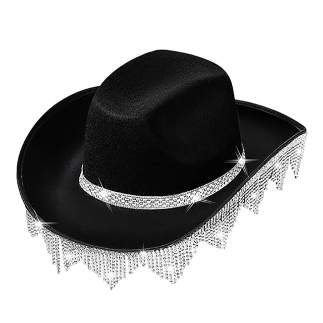 Sombrero de vaquero Strade Fareast Limited con borlas y diamantes de imitación Negro 40 cm x 33 cm x 14 cm