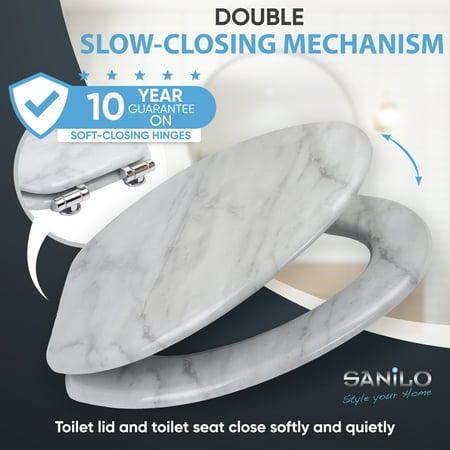 Sanilo Soft Close Toilet Seat ELONGATED, Quiet and Slow Close Lid and Seat, Strong Bumpers and Hinges, Marble
