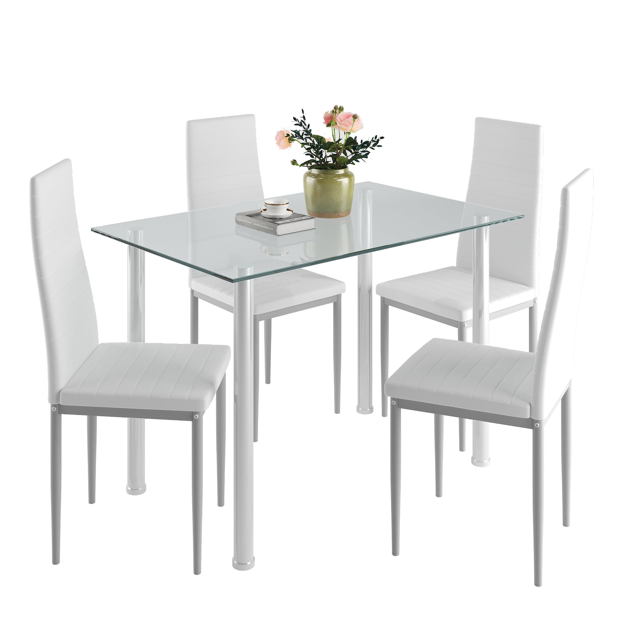 PAPROOS Dining Table Set for 4, Modern 5-Piece Kitchen Table Set with Faux Marble Top and Velvet Upholstery Chairs, Heavy Duty Dinette Sets for Breakfast Nook, Dining Room Table and Chairs, Gray