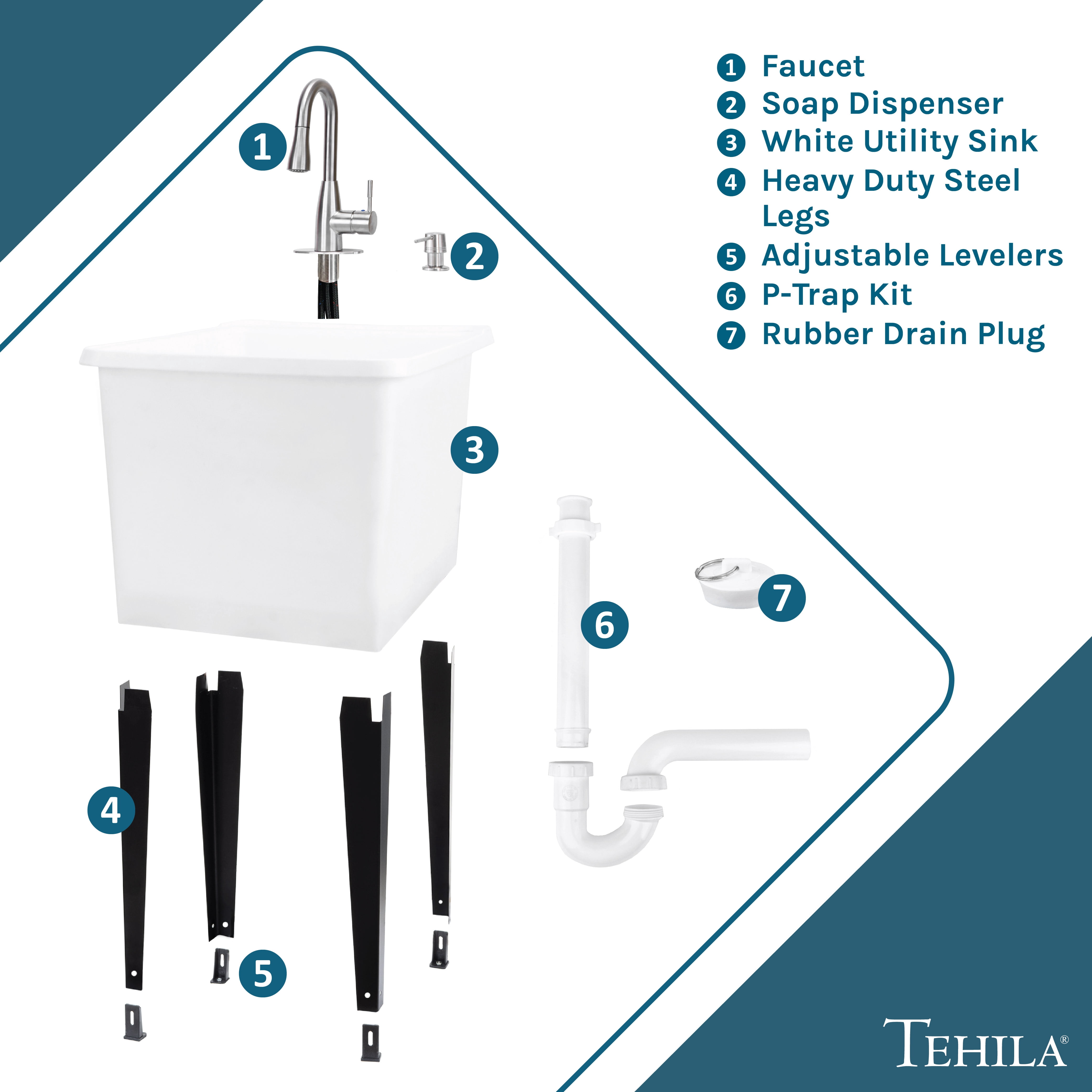 TEHILA Space Saver 16 Gallon White Utility Sink with Stainless Finish Pull-Down Faucet with Pause Mode