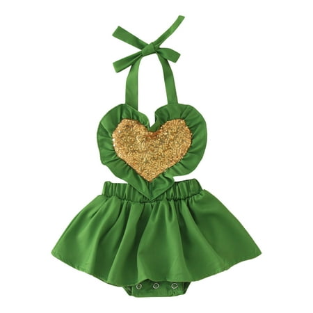 

Baby Girl Romper Infant Sleeveless Paillette Heart Backless Romper Newborn Bodysuits Clothes Girl Baby Clothes Green 6 Months-9 Months