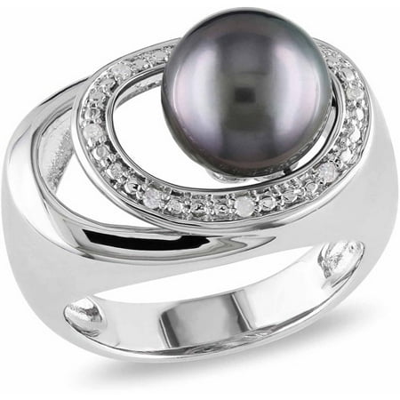 9-9.5mm Black Round Tahitian Pearl with White Diamond Accent Sterling Silver Cocktail Ring
