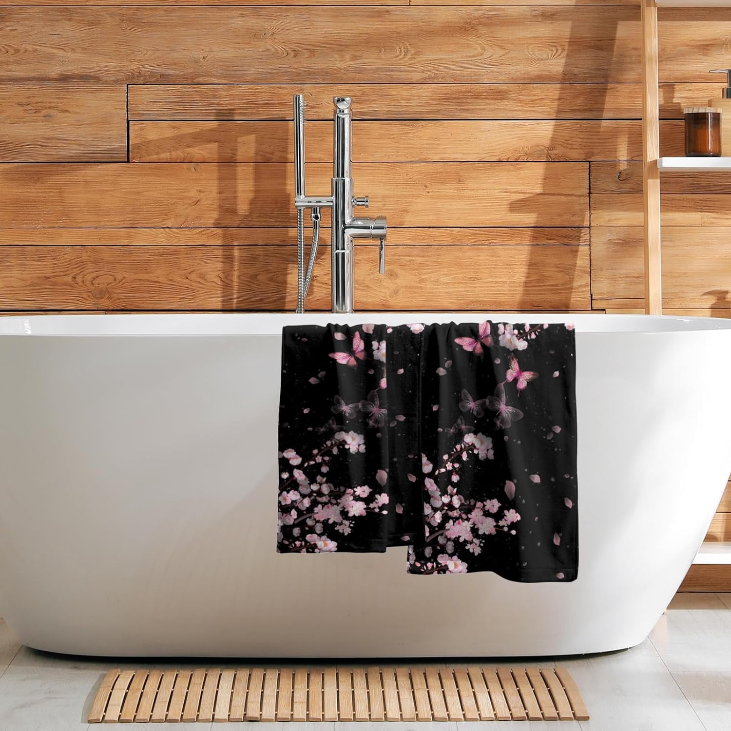 Pink Cherry Blossom Hand Towel - Abstract Butterflies Bath Face Towels Set of 2 Blossoming Sakura Flowers Branch Tea Towels Guest Towels Kitchen Dish Towel Decor