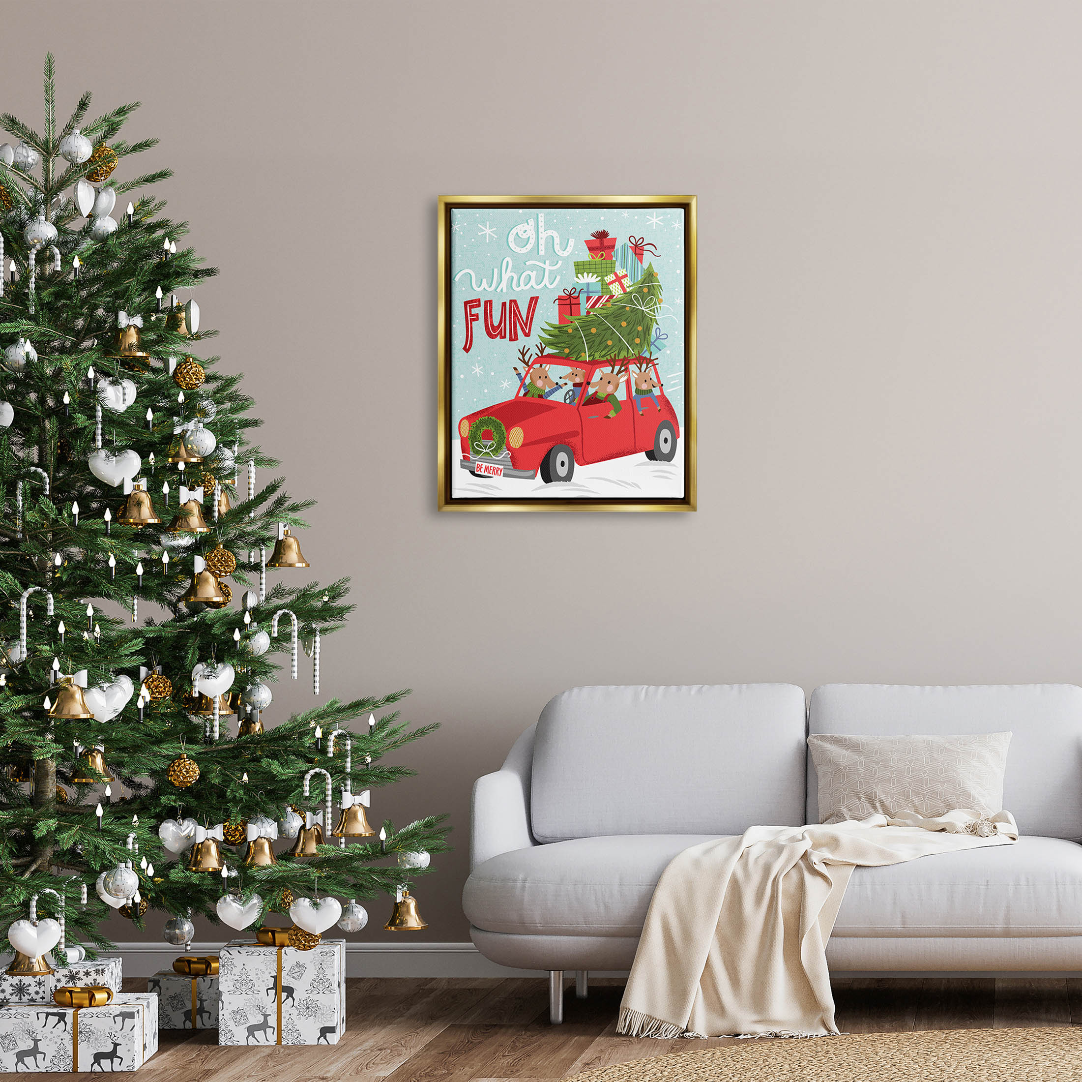 Stupell Industries Oh What Fun Holiday Car Graphic Art Metallic Gold Floating Framed Canvas Print Wall Art, Design by Arrolynn Weiderhold