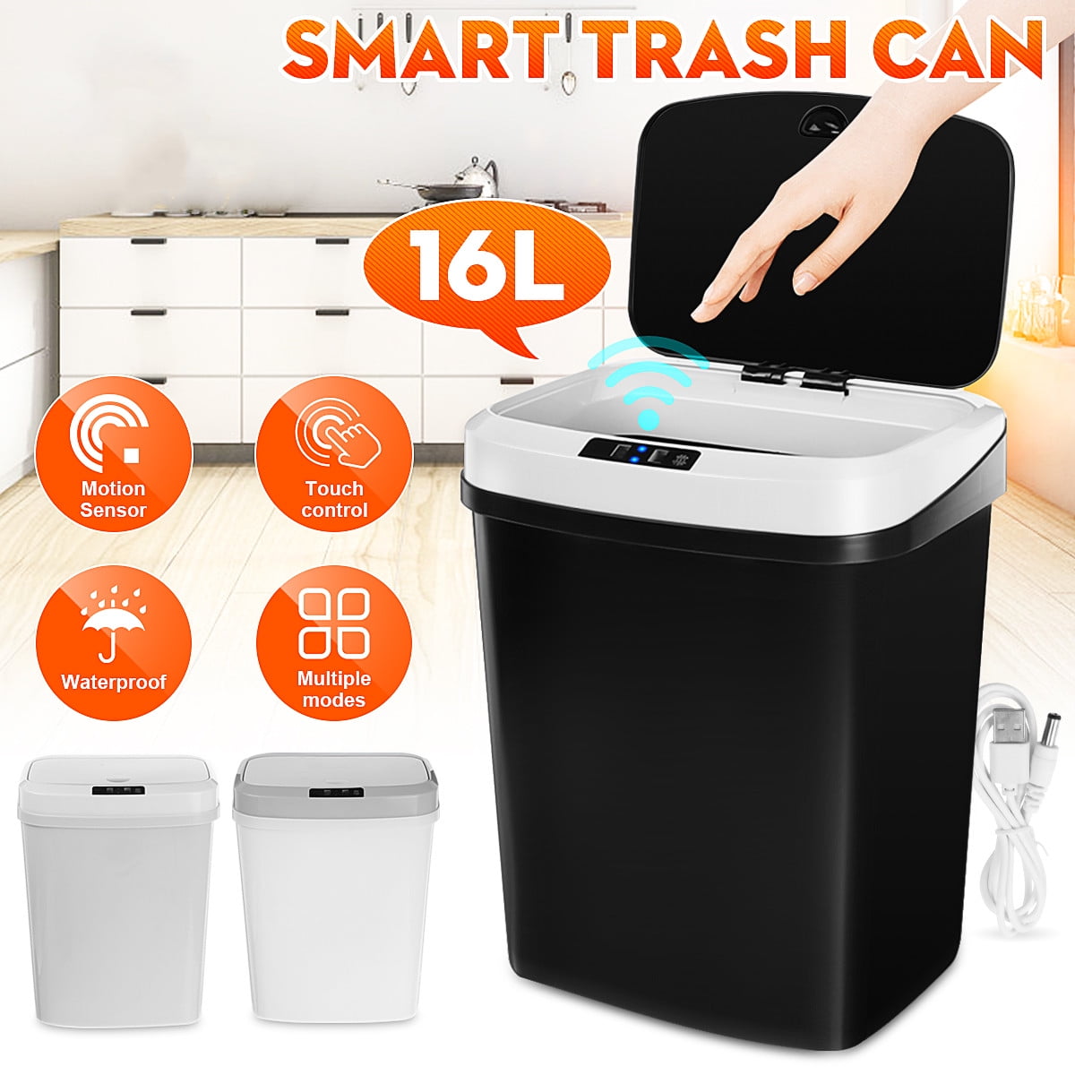 Automatic Trash Can Touch Free Dustbin Garbage touchless Waste Bin 16L AI Sensor