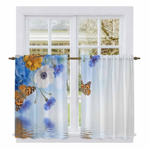 Blue Ombre Floral Kitchen Curtain for Berdoom Living Room Cafe 54 Inch Length, Spring Flowers Modern Art Tiers Curtains Light Filtering Drapes Rod Pocket Window Treatment 2 Panels 52"Wx54"L