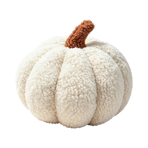 Cream PUMPKIN PLUSH Halloween Decorations, Soft Ribbed Stuffed Pumpkin Pillow with Brown Stem for Fall Home Decor, Thanksgiving Table Centerpiece, Shelf and Seasonal Gifts