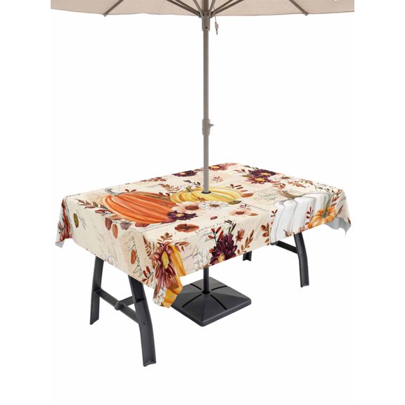 Outdoor Tablecloth with Umbrella Hole and Zipper, Orange Yellow Fall Rectangle Table Cloth 60x84 Inch Waterproof Tablecloth, Thanksgiving Pumpkins Botanical Vintage Picnic Table Cover for Patio