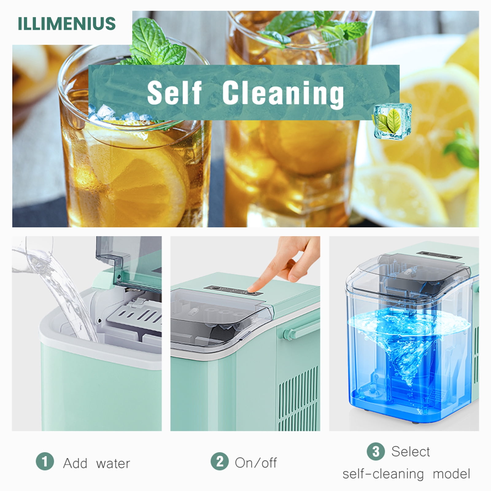 illimenius Portable Countertop Ice Maker, 9Pcs/6Min 26.5Lbs/24H, Green