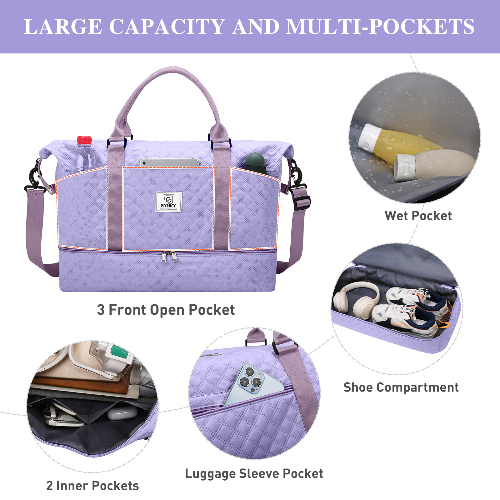 GYNKY Travel Duffle Bag with Shoe Compartment and Wet Pocket for Women, Carry-On photo 3