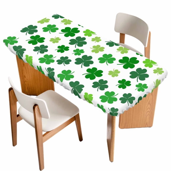 St Patricks Day Table Cloths for 6 Foot Rectangle Tables, Green Shamrock Spring Watercolor Lucky Leaf Patio Waterproof Elastic Fitted Tablecloths, Washable Rectangular Table Cover for Camping