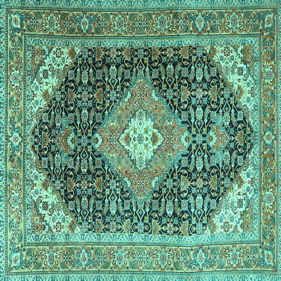 Ahgly Company Machine Washable Indoor Square Medallion Turquoise Blue Traditional Area Rugs, 4' Square