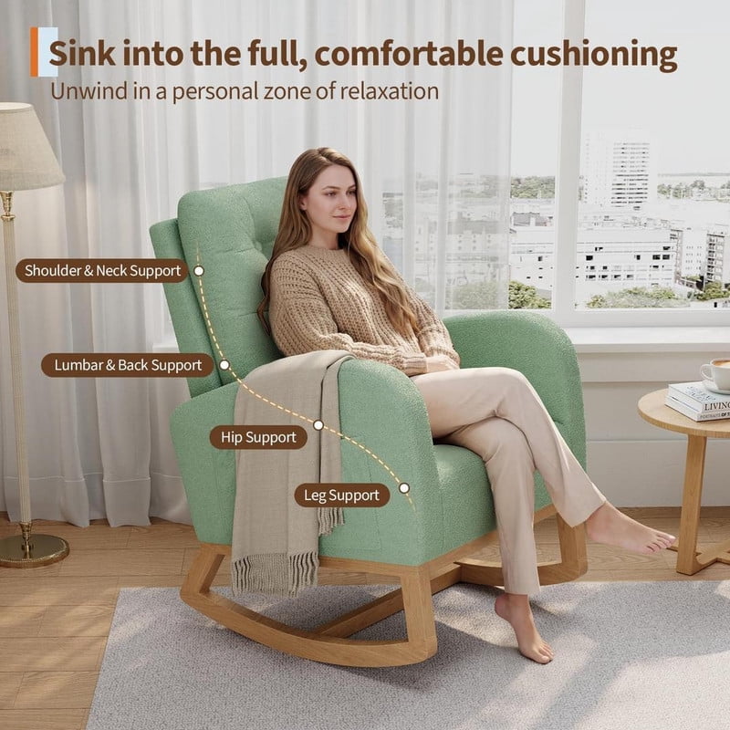 Rocking Chair for Nursery, Upholstered Glider Rocker with High Backrest and Padded Seat, Comfy Accent Armchair with Side Pocket for Bedroom, Living Room, Nursing Room