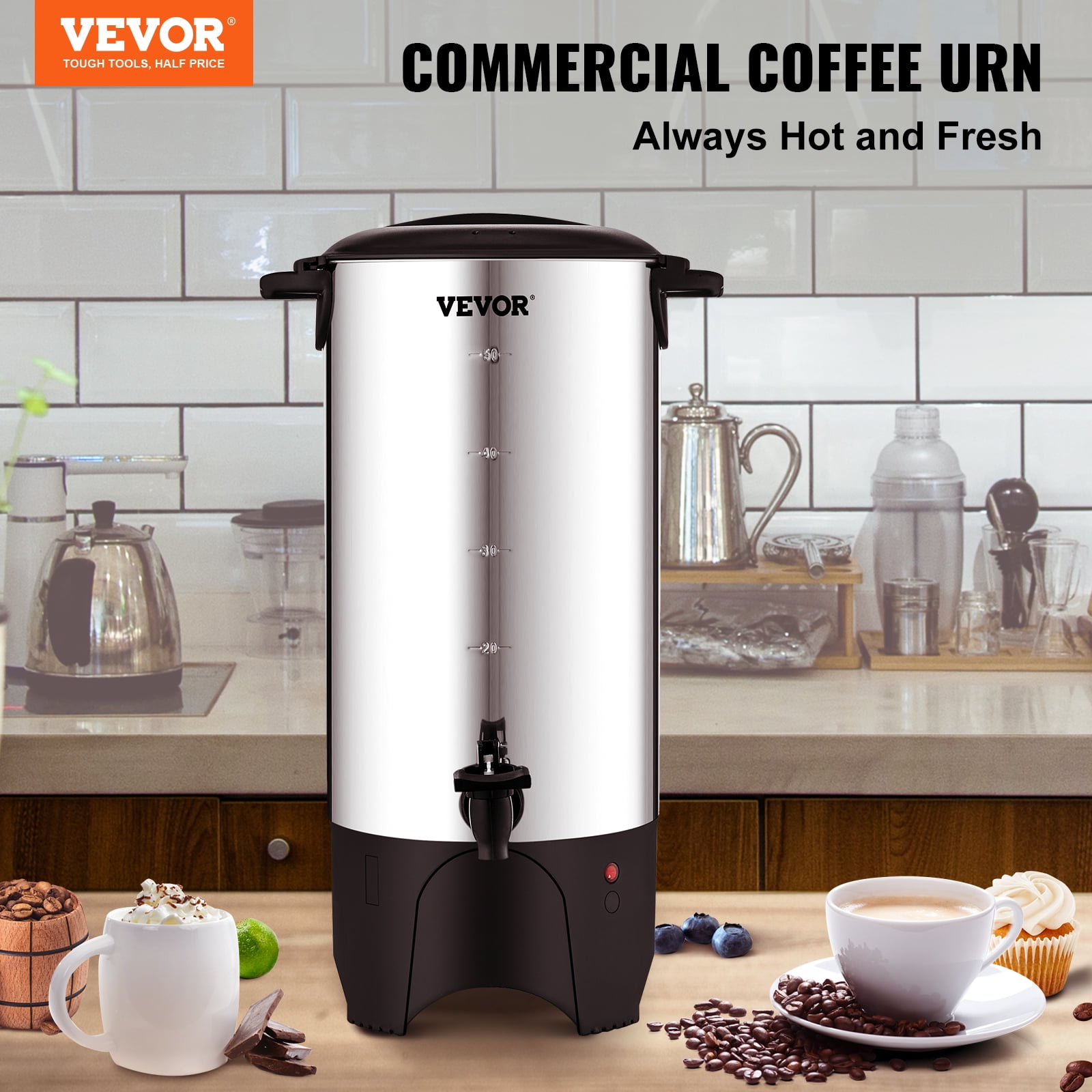 VEVOR Commercial Coffee Urn, 50 Cups, 1000W Electric Dispenser, Stainless  Steel, Detachable Cord - Walmart.com