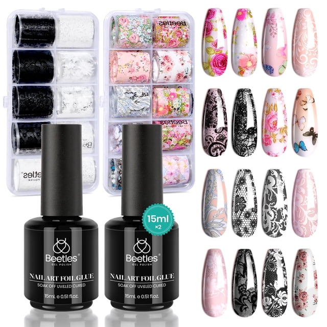 Set de gel adhesivo para uñas Beetles, 15 ml, 2 unidades, 20 pegatinas