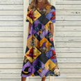 thumbnail image 3 of Women's Halloween Print Round Neck Dress with Pockets Short Sleeve Loose Midi Casual Dress for Women Fall Outfit Daily Wear Purple M, 3 of 6