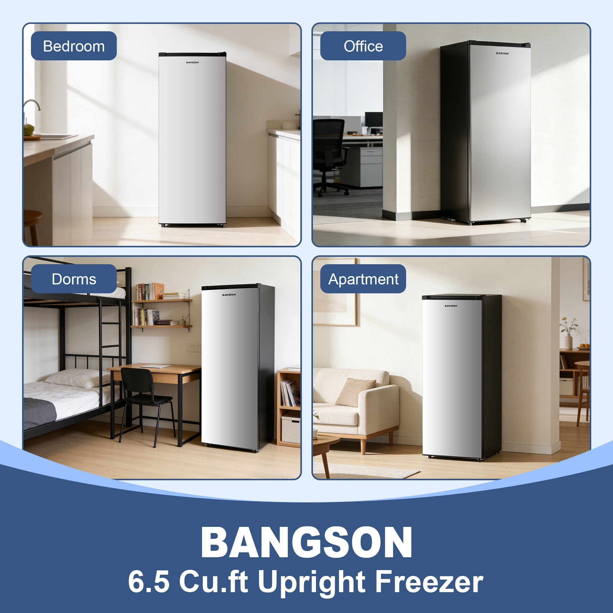 BANGSON 6.5 Cu.ft Upright Freezer, Adjustable Thermostat and Removable Shelves, Reversible Door for Home, Kitchen, Garage, Apartment, Dorm, Silver