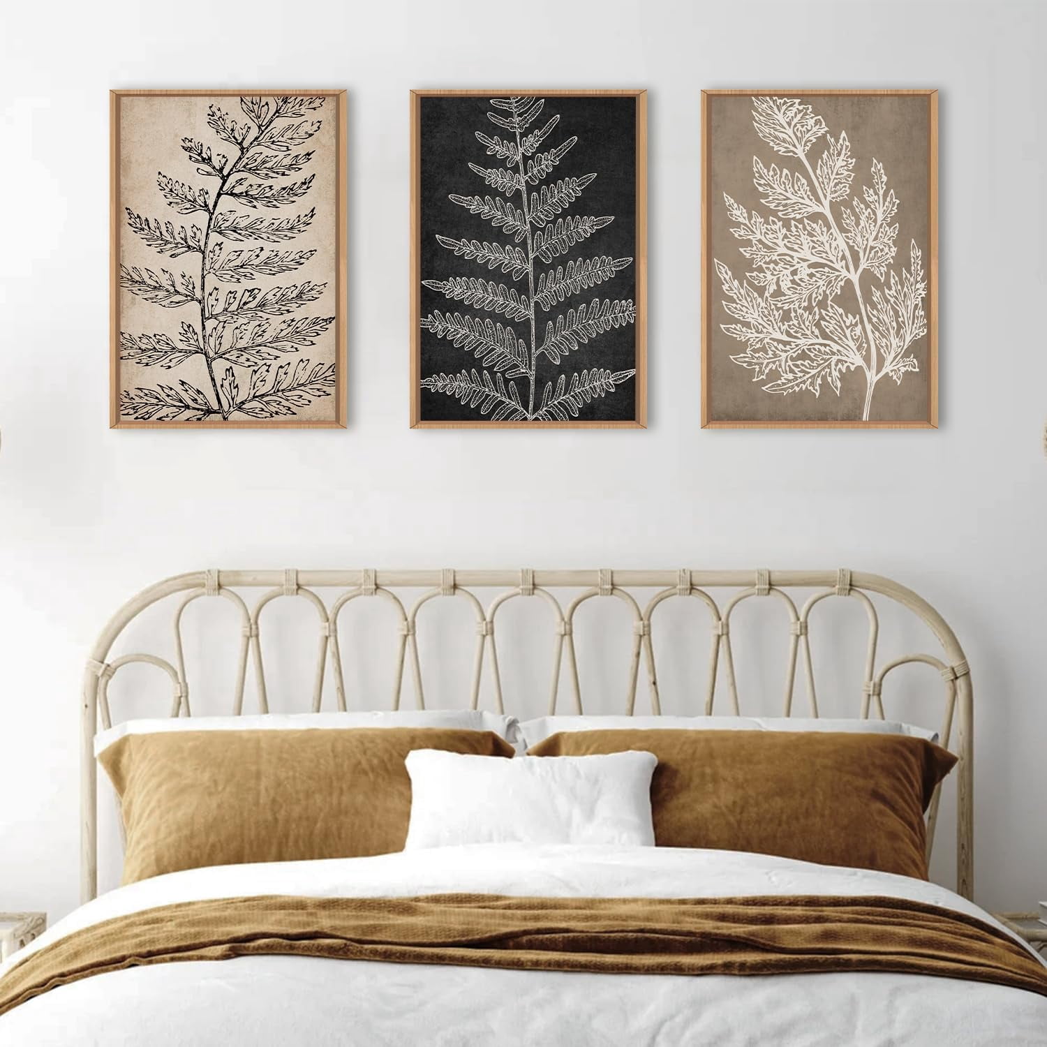 Framed Botanical Wall Art Set, Black Tan Canvas Plant Wall Decor, Minimalist Wall Painting, Abstact Modern Fern Leaf Artwork for Living Room, Bedroom, Farmhouse, Dinning Room, Office-16 x24 x3