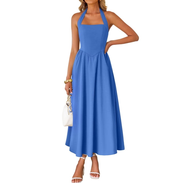 Vestido de verano ZESICA, sin mangas, halter, midi, azul real, para mujer