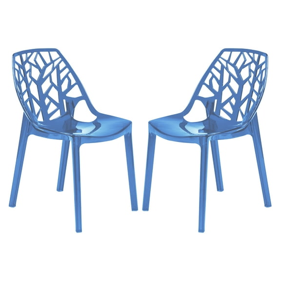 LeisureMod Modern Cornelia Tree Cut-Out Back Design Dining Chair, Transparent Blue Set of 2