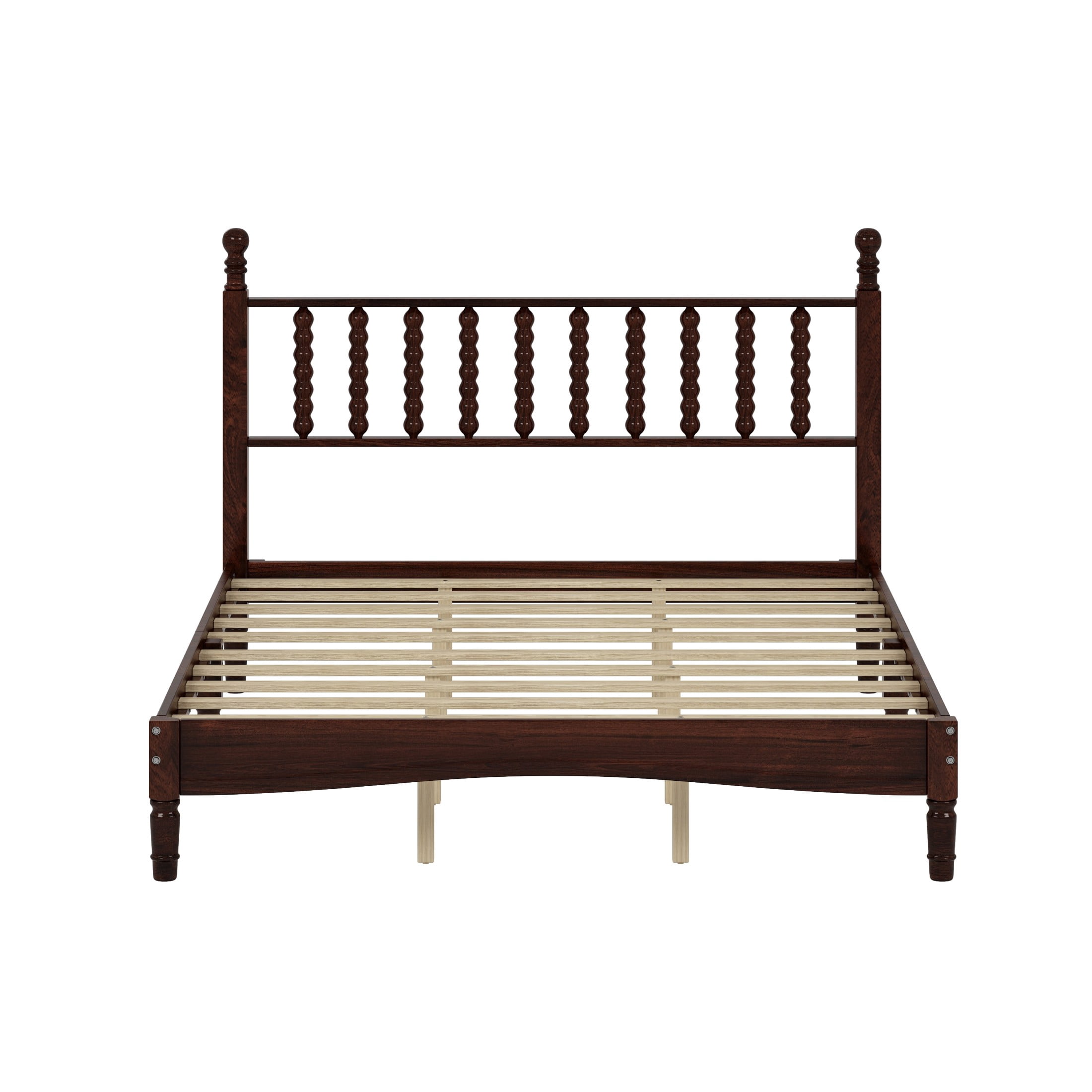 Aukfa Retro Queen Size Bed Frame with Gourd Shaped Headboard, Wood Platform Bed, Walnut