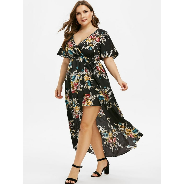 Rosegal Plus Size Floral Print Bell Sleeve High Low Maxi Dress Black 4X Walmart