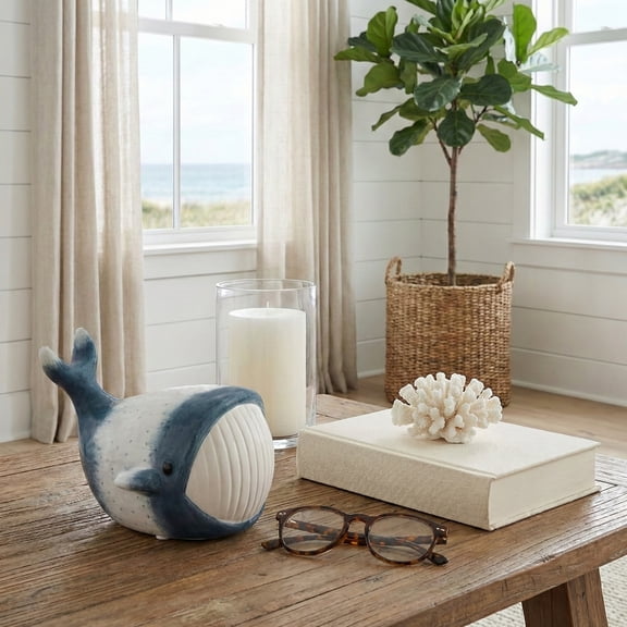 Decorative Whale Figurine for Home Decor - Coastal Ceramic Sculpture for Bathroom, Office, Study, Room or Living Room Accent - Ornaments Display for Shelf and Coffee Table Styling - 5", Blue & White