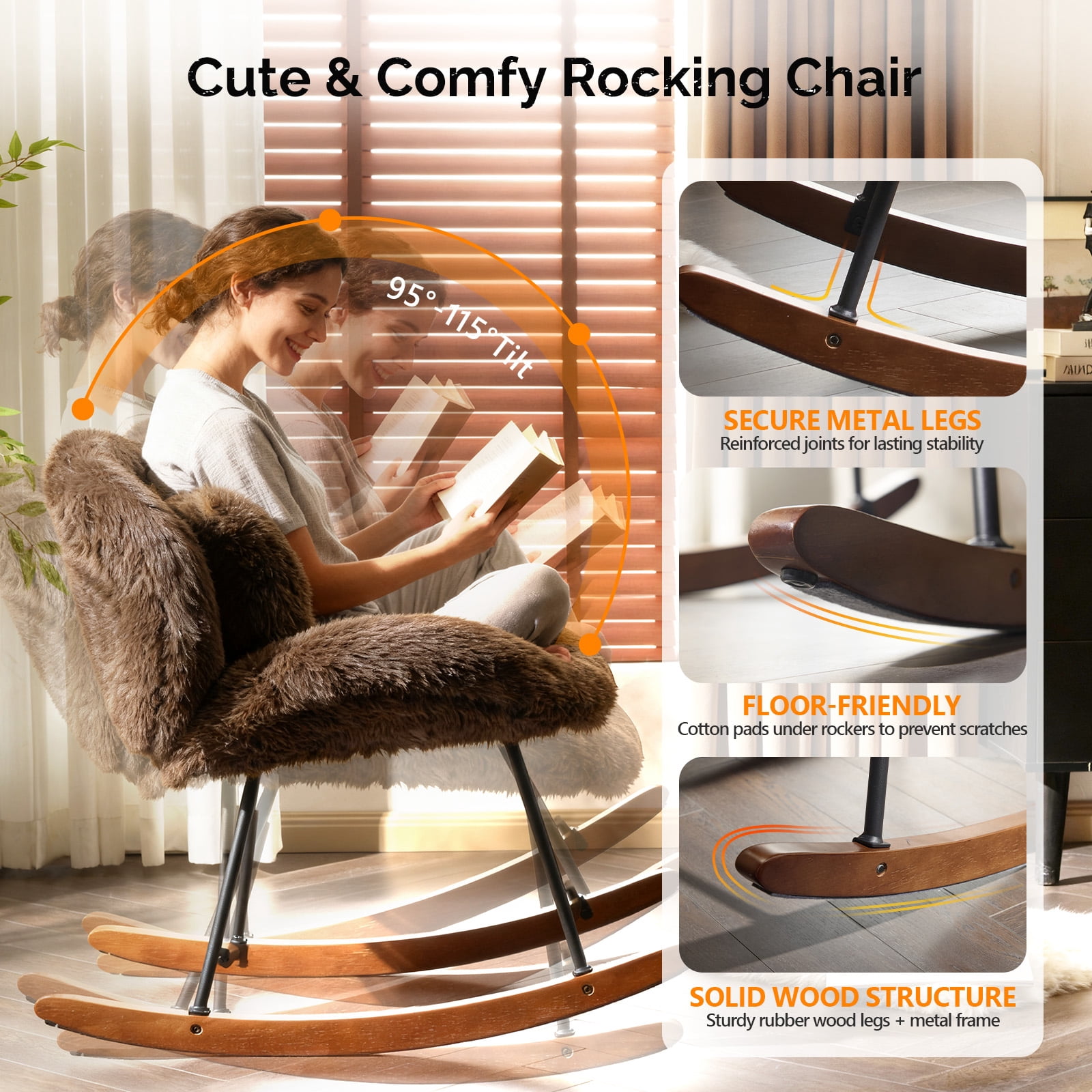 Ktaxon Rocking Accent Chair with Padded Seat, Cute Cozy Nest Style Nursery Chair, Long Pile Fabric Glider Rocker with Wooden Metal Frame Coffee