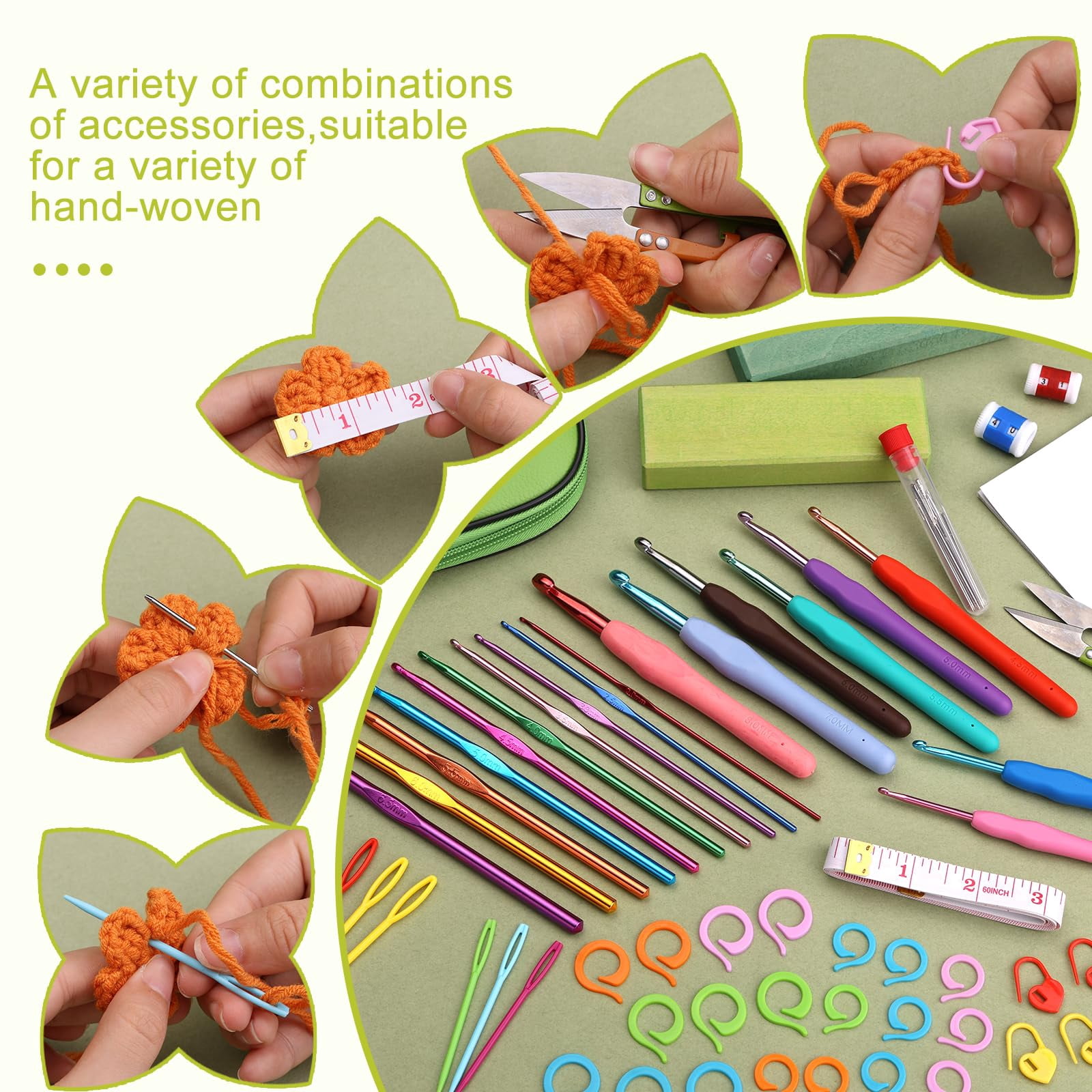CAURHQSX Fenrry Crochet Hook Set Crochet Needle Kit Beginner Yarn Needles Green Case and Crochet Accessories for Knitting Craft