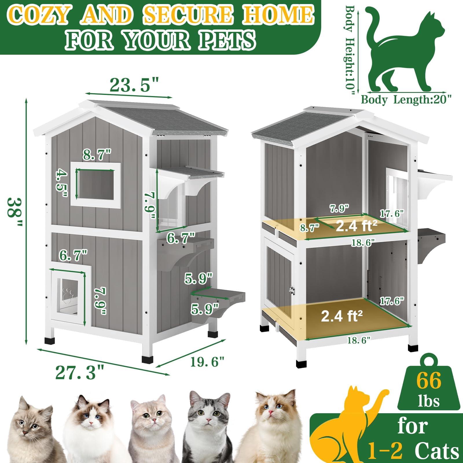 PETSCOSSET Outdoor Cat House, Two-Story Wooden Feral Cat Shelter with Openable Roof, Escape Door