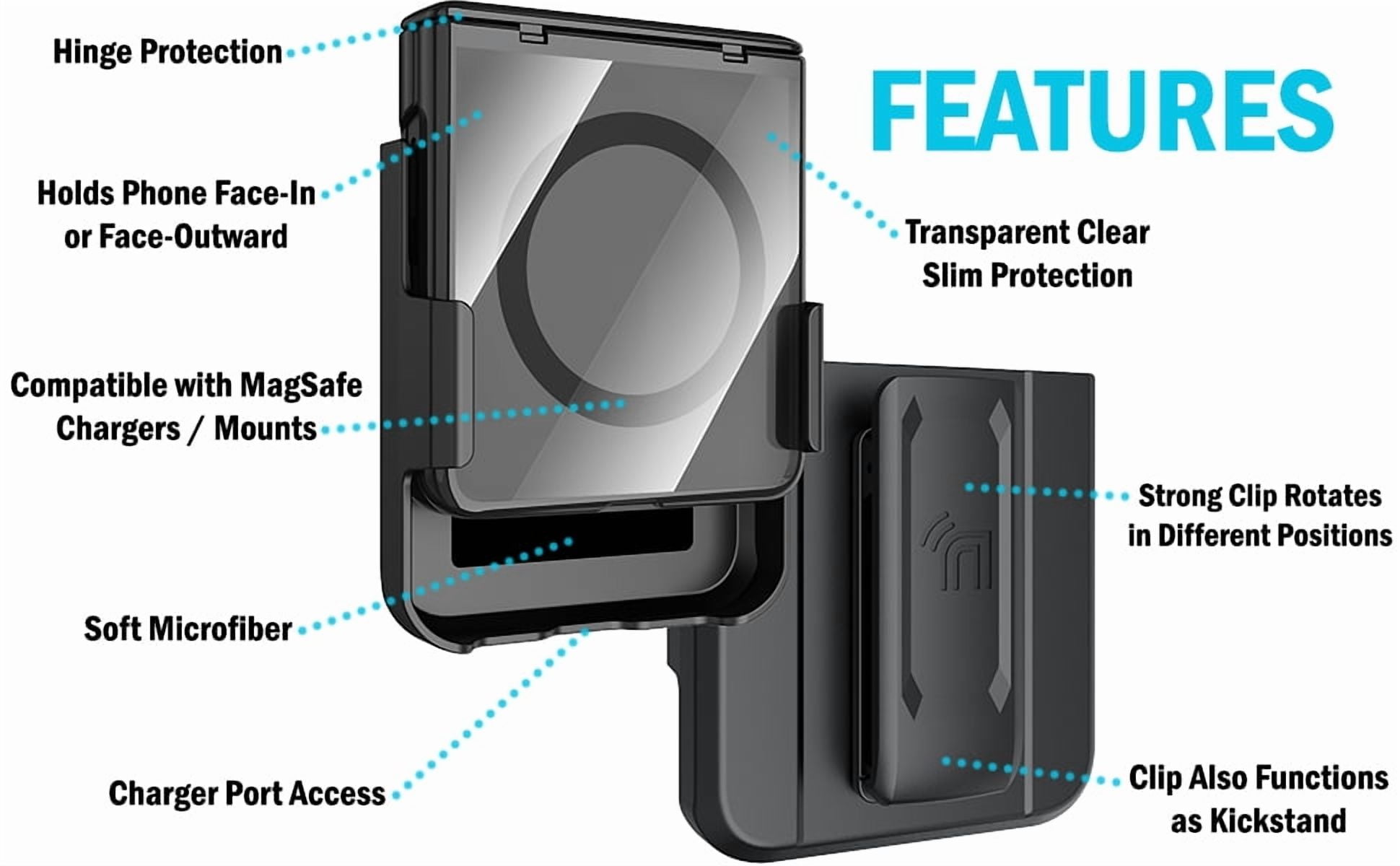Nakedcellphone Electro Combo for Samsung Galaxy Z Flip 7 Phone Case with Belt Clip Holster Holder - Built-In Screen Protector - Hinge Cover - Compatible with MagSafe - Black/Clear