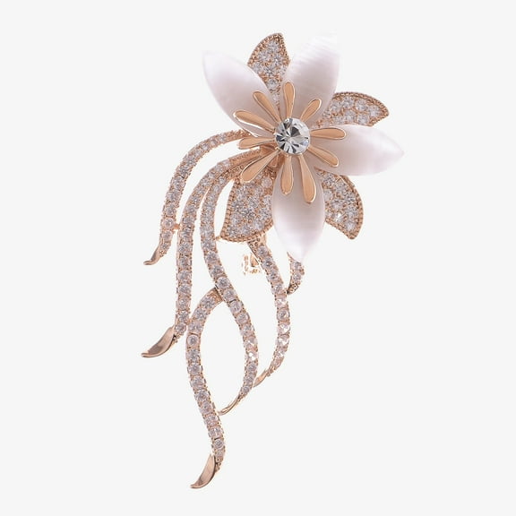 Gold Tone Floral Brooch with Crystal Rhinestones and Pearl Petals - One Size Fits Most, Rose