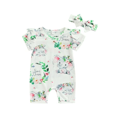 

Canrulo Newborn Baby Girl Summer Jumpsuit Ruffled Short Sleeve Elephant Floral Romper Playsuit with Headband Summer Outfits White 12-18 Months