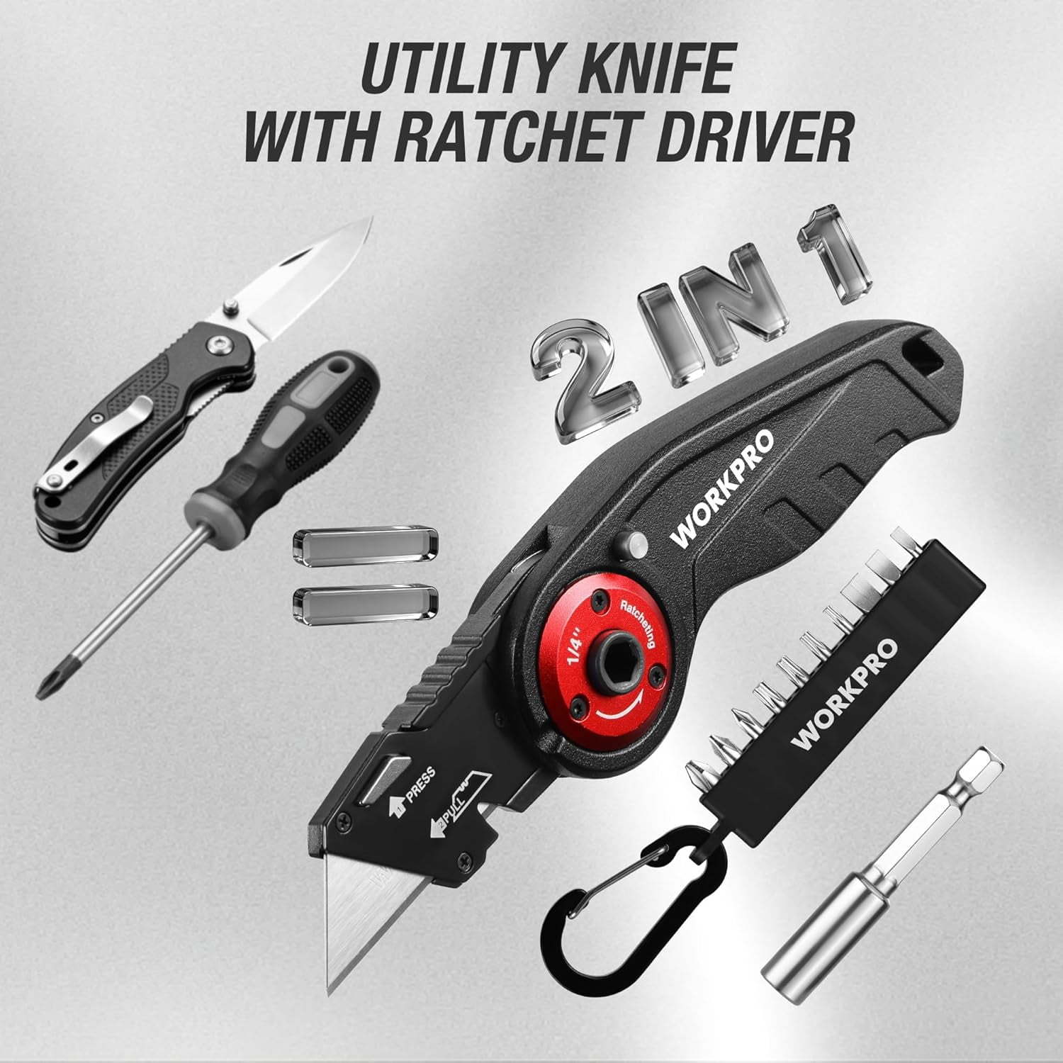 Folding Utility Knife, 2-in-1 Multitool Knife with Ratcheting Screwdriver, Box Cutter Quick Blade Change, EDC Heavy Duty Work Knife with Extra 10 Bit Sets and 5 Blades
