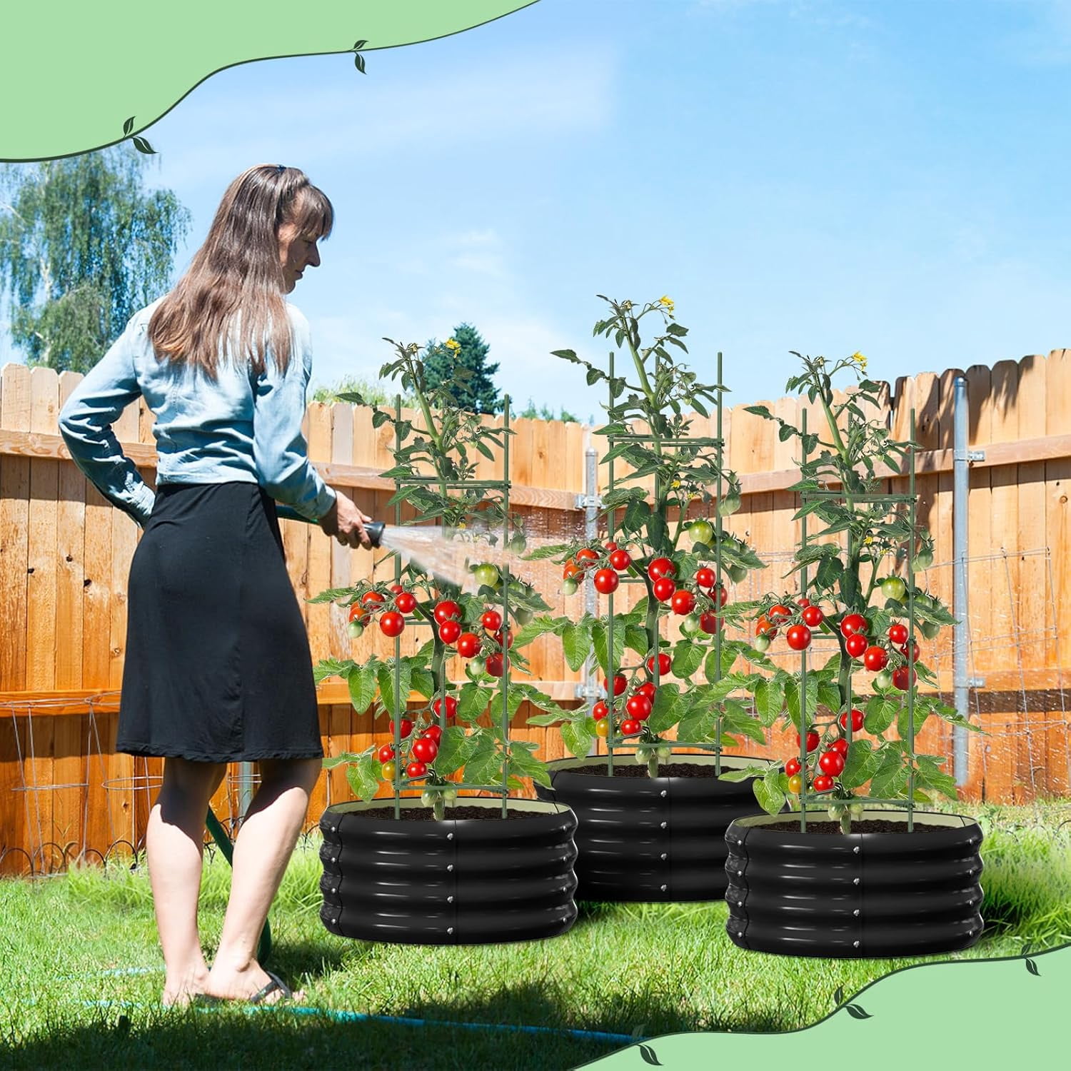 3 Pcs 24x24x12in Round Galvanized Raised Garden Bed Kit with 47"H Tomato Cages, Outdoor Metal Planter Box Raised Garden Beds for Gardening Vegetables Flowers, Black