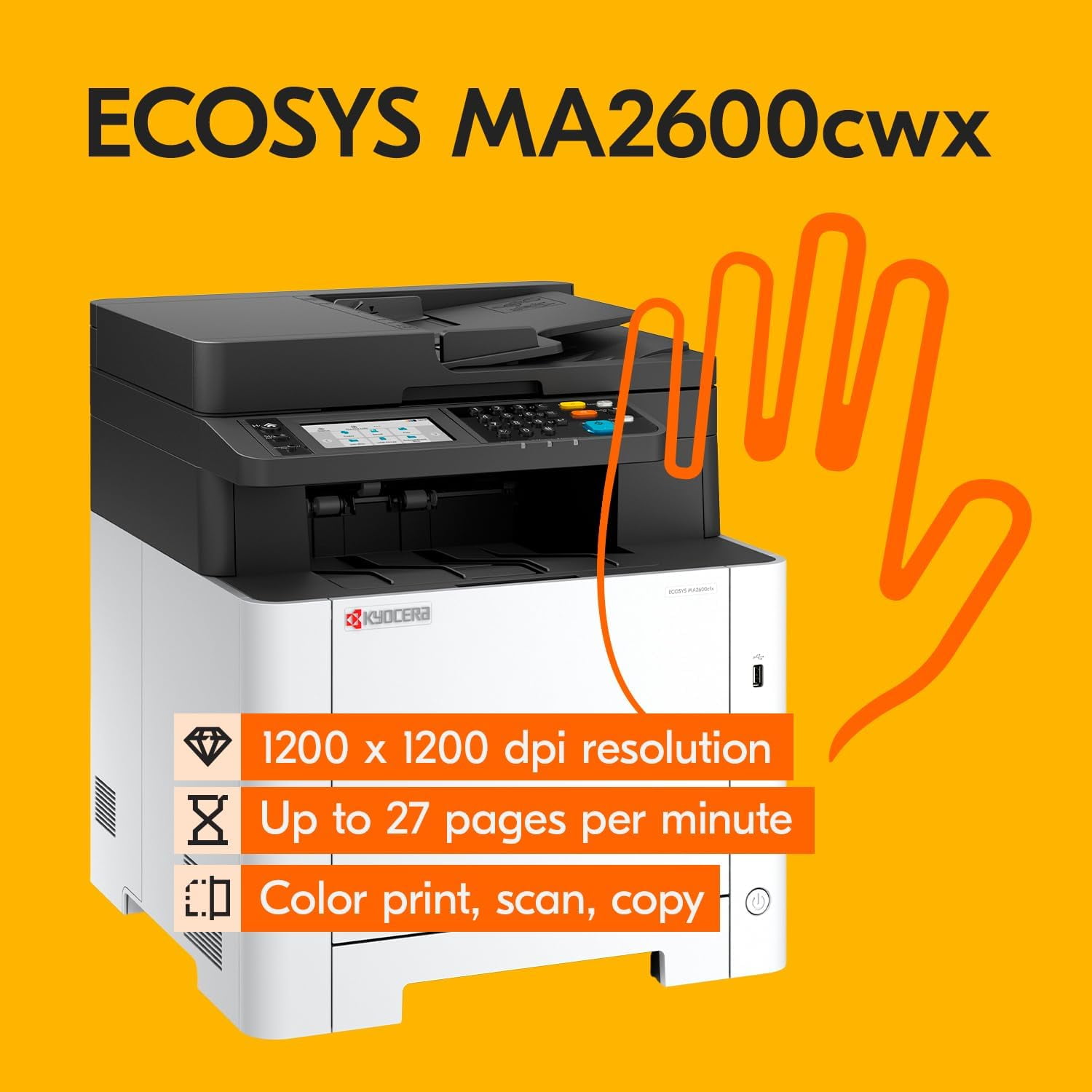 Kyocera ECOSYS MA2600cwx A4 Color Laser Printer - Copy, Print, Scan, 27 ppm, 1200 dpi, Wi-Fi Direct, 1GB Memory, 4.3 inch Color Touch Screen Control Panel