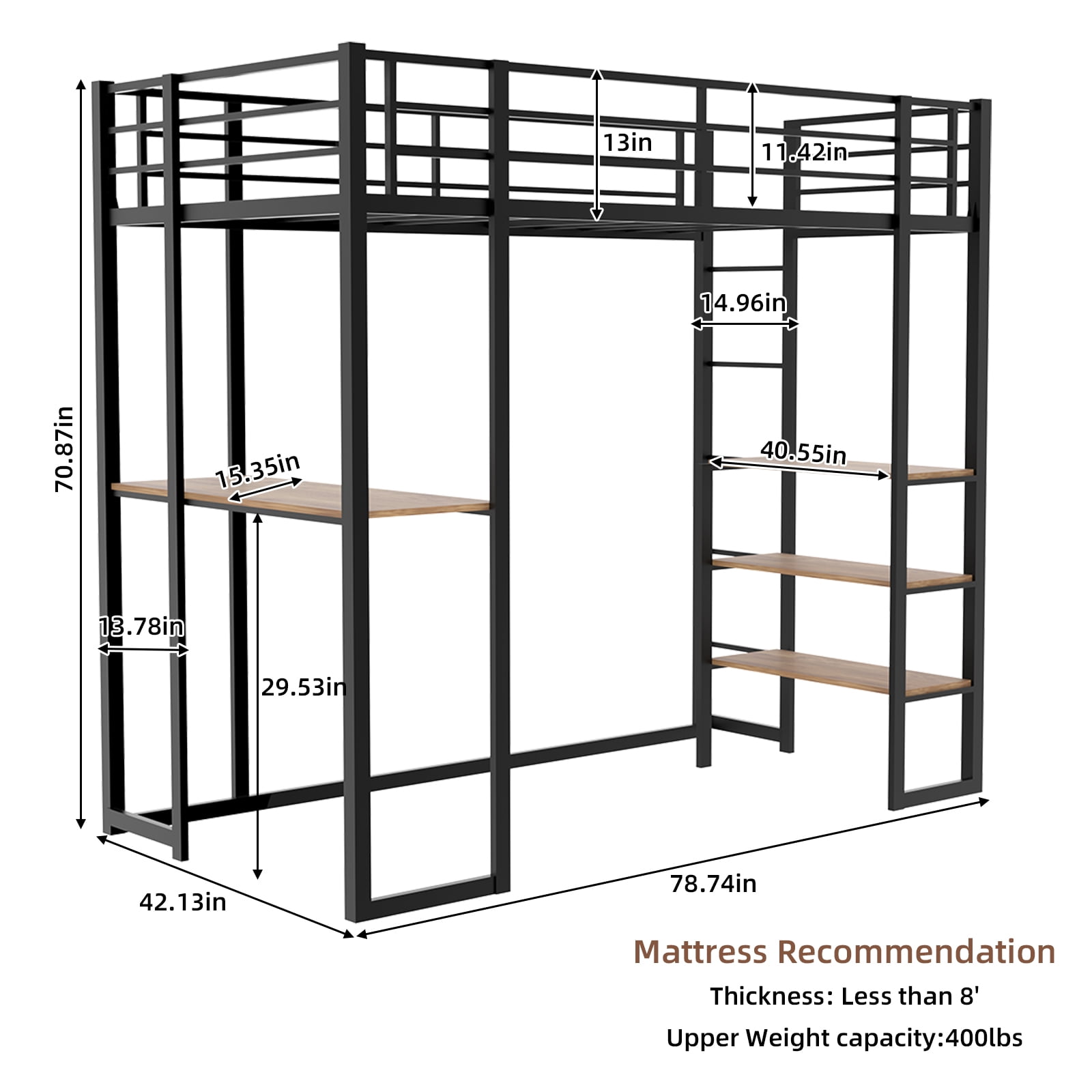 Alvantor Loft Bed Twin Size with Desk, Metal Bed Frame with Open Shelves for Kids/Teens, No Box Spring Needed Black