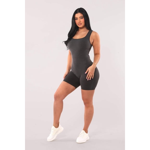 Seamless Rib Knit Romper Bodysuit - Heather Charcoal