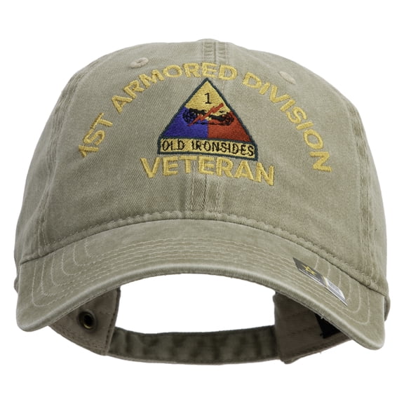 U.S. Army 1st Armored Division Embroidered Washed Solid Pigment Dyed Cotton Twill Brass Buckle Cap - Khaki OSFM