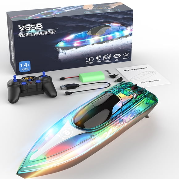 M Buder Barco de Control Remoto 2.4GHz Juguete Acuático Lancha Rápida con Sensor de Agua, Alerta de Batería Baja y Espectaculares Luces Nocturnas LED (28.4 cm / 11.18 inches) - Color Verde