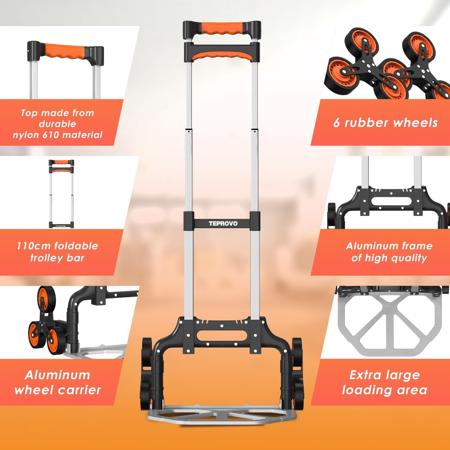 Stair Climbing Hand Truck Foldable Aluminum Dolly Cart 6-Wheel Stairs Climber 43.3 Handle 176 lb Flat Load Home Warehouse No Assembly