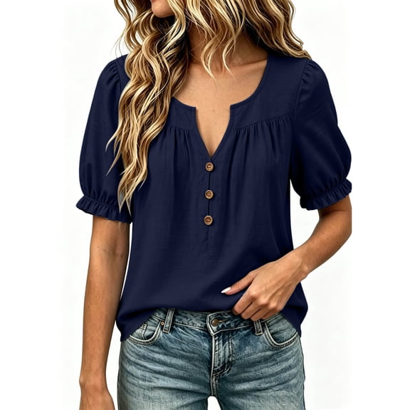 ZGRBOU Womens Ruffle Puff Sleeve Cotton Linen Tops V Neck Button Down Pleated Shirts Summer Casual Loose Vacasion TShirts