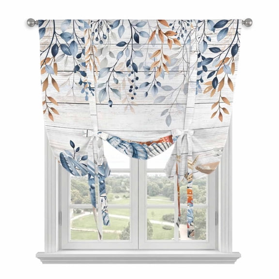 Blue Coastal Tie Up Curtains for Windows, Adjustable Balloon Window Shades, Summer Beach Starfish Weeping Eucalyptus Wooden Kitchen Window Treatments Farmhouse Short Curtains with Rod Pocket 42"x45"