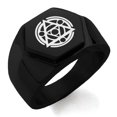 thumbnail image 1 of Stainless Steel Alteration Magic Rune Engraved Hexagon Crest Flat Top Biker Style Polished Ring, 1 of 1