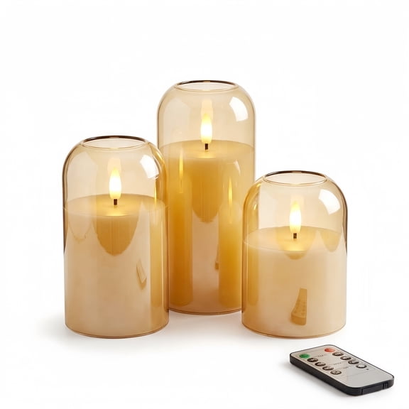 Goyuon Battery Operated LED Flameless Candles with Remote and Timer, Real Wax Candles Warm Color Flickering Light for Festival Wedding Home Party Decor(Pack of 3)-Gold