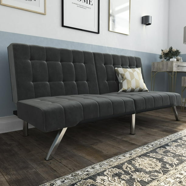 Dhp Emily Convertible Tufted Futon Sofa Gray Velvet Walmart Com Walmart Com