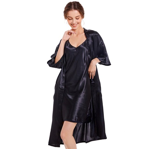 Pijama de satén de seda para mujer, 2 uds., conjunto de bata de pijama sedoso Sexy con camisón Chemise xuanjing unisex