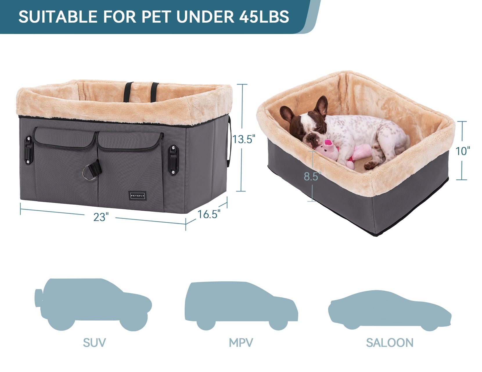 Petsfit Dog Car Seat for Medium Dogs or 2 Small Dogs, Upgraded Dog Booster Car Seat for Front and Back Seats with 2 Safety Leashes (Medium, Deep Grey)